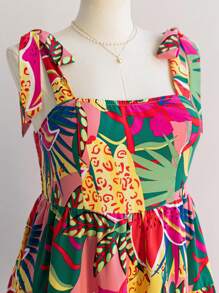 Soleia Plus Size Women's Boho Vacation Colorful Printed Bowknot Shoulder A-Line Mini Dress, For Summer,Beach Dress Sundress,Holiday Outfits