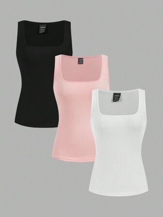 SHEIN BASICS 3 Stücke/Set lässige einfarbige figurbetonte gestrickte Trägershirts