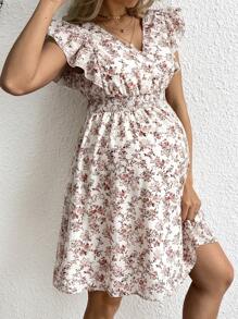 SHEIN Maternity Vacation Casual Ditsy Floral Ruffle Hem Dress - Pink - View 7