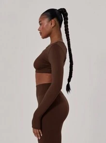 Musera Sport Cross Back Crop Long Sleeve Gym Top, Padel, Tennis, Pickleball Gym Fitness - Chocolate Brown - View 5