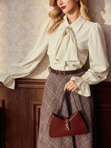Vintamour Bluză vintage retro elegantă pentru femei, guler cu volane din dantelă, mâneci felinar, topuri cu mâneci lungi de lucru, topuri de vacanță de Anul Nou, bluze casual pentru femei, bluze pentru femei, ziua de naștere, Ziua Îndrăgostiților, cămăși cu mâneci lungi pentru invitați la nuntă, ținute de birou, topuri drăguțe, top de Anul Nou, top de lucru pentru femei, stil vechi, topuri cu mâneci lungi pentru femei, topuri de lucru pentru femei, stil rustic, Ziua Îndrăgostiților. - Caisă - Vizualizare 5