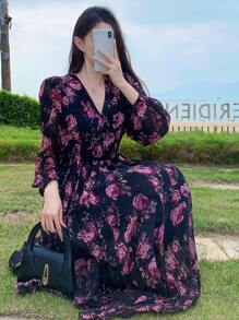 DAZY Women's Floral Print Long Sleeve Mid-Length Vacation Dress, Spring/Fall Boho - Black - View 5