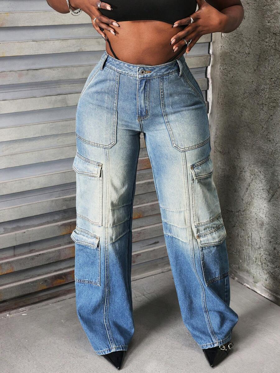 SHEIN Slayr Women's Casual Cargo Jeans Straight Pants - Blue - View 1