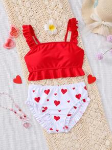 SHEIN Tween Girl Valentine's Heart Printed Swimwear - Red - View 2