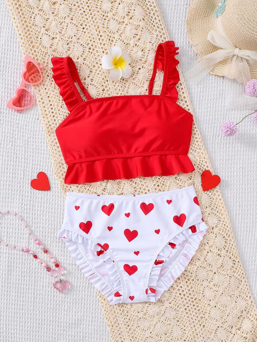Traje de baño con estampado de corazones para niña preadolescente en el Día de San Valentín - Rojo - Ver 1