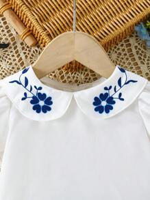 SHEIN Baby Girl Chiffon Puff Sleeve Floral Print Top With Ruched Waist Floral Print Skirt, Cute Outfit For Outings, Gatherings And Vacation - White - View 6