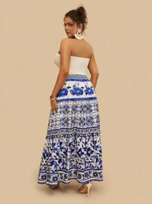 Travachic 大码女式蓝白花朵印花高腰宽松优雅长裙度假装、秋季女装、秋季女裙