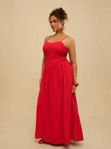 Travachic Plus Size Solid Color Spaghetti Strap Pleated Minimalist Casual Dress - Red - View 4