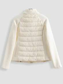 SHEIN BASICS 女式平纹编织拉链立领长袖夹克，秋冬款 - 杏色 - 查看 2