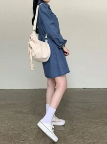 DAZY Women Plain Collar Loose Short Denim Dress, Spring & Autumn,Fall Women Clothes - Medium Wash - View 2