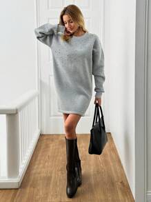 RueChic Chic & Cool Rhinestone Embellished Drop-Shoulder Plush Sweat Dress - Dark Grey - View 1