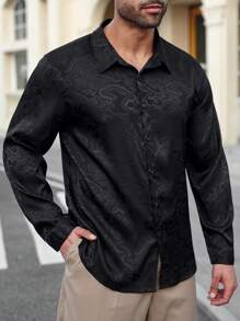Manfinity Homme Plus Size Front Button Placket Long Sleeve Casual Blouse, Everyday Wear - Black - View 4