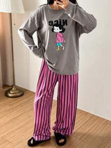 DAZY Spring Cute Cartoon Print Top & Striped Loose Pajama Pants Set - Grey - View 4