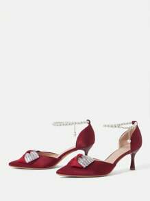 CUCCOO HITCHD Women's High Heel Pointed Toe Rhinestone Bowknot Pumps Valentine's Day - Burgundy - View 4