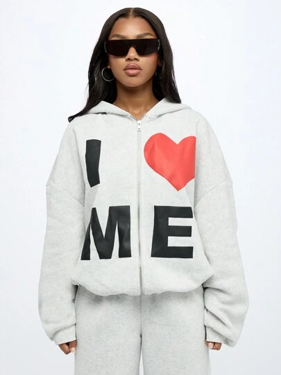 SUMWON WOMEN I Love Me Statement Winter Zip Up Hoodie Cozy