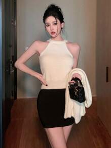 DAZY 2pcs Set: Solid Color Bodycon Tank Top And Loose Cardigan For Women,Fall Clothes Women Sweater - Beige - View 4