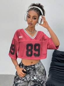 Coolane Women's Casual Streetwear Numer Print Cropped Loose Red T-Shirt