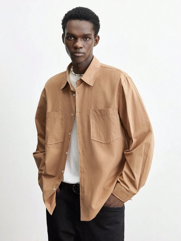 SHEIN Maija Men's Spring 2025 New Solid Color Contrast Topstitch Front Button Long Sleeve Pocket Casual Shirt, Fashion Simple For Valentines Date, Holiday, New Year Party, Daily, Travel