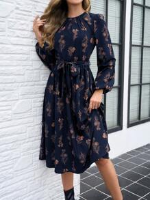 SHEIN Clasi Vestido casual de mujer de manga larga y cuello redondo con estampado total, versátil para otoño/invierno