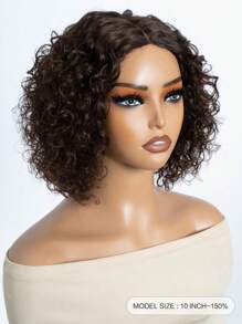短款棕色卷发蕾丝假发 人发无胶水波波头假发 中分 10 英寸深波卷发蕾丝前假发