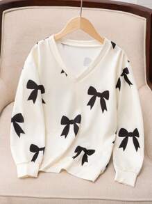 Tween Girl Casual V-Neck Long Sleeve Bow Print Sweatshirt, Spring/Autumn - Apricot - View 1