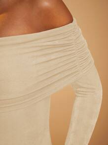 Hauture 女士服装，女士优雅纯色米色闪光 Jeresye 露肩长袖修身侧褶紧身衣，休闲日常穿着，长袖上衣，女士上衣，外出上衣，露肩上衣，性感女士上衣。适合日常穿着、约会之夜、表演、派对、俱乐部、节日、正式上衣 - 杏色 - 查看 5