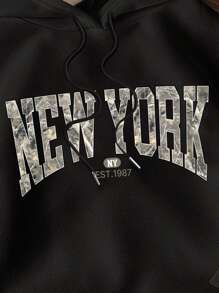 SHEIN EZwear 女式休闲简约纽约英文字体印花宽松连帽衫 - 黑色 - 查看 3