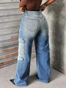 SHEIN Slayr Women's Casual Cargo Jeans Straight Pants - Blue - View 2