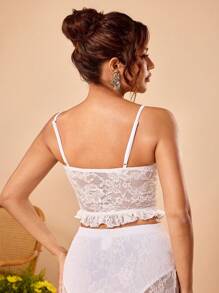 Neda Designer Women's White Lace Ruffle Spaghetti Strap Crop Casual Cami Top, Spring, Going Out, Festival - White - View 2