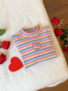 Comfortcana T-Shirt femme décontracté à col en cœur ajouré avec rayures bicolores
