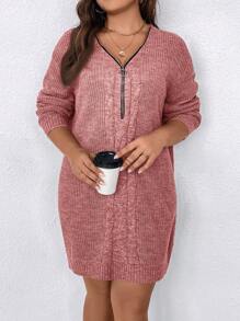 SHEIN Clasi Plus Size Solid Color Front Zip Up Knitted Sweater Dress, Casual For Autumn/Winter - Pink - View 4