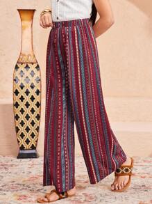 SHEIN Tween-Mädchen Lockere, lässige Vintage-Hose mit weitem Bein und Streifen im Urlaub