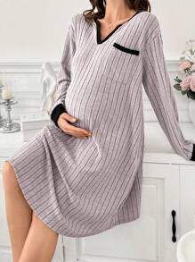 Soft Textured Ribbed Color Block Maternity Sleep Dress, Casual & Minimalist - Mauve Purple - View 4