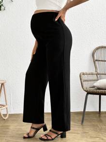 SHEIN Maternity Black Straight Leg Pants With Ankle Slits & Adjustable Length - Black - View 3