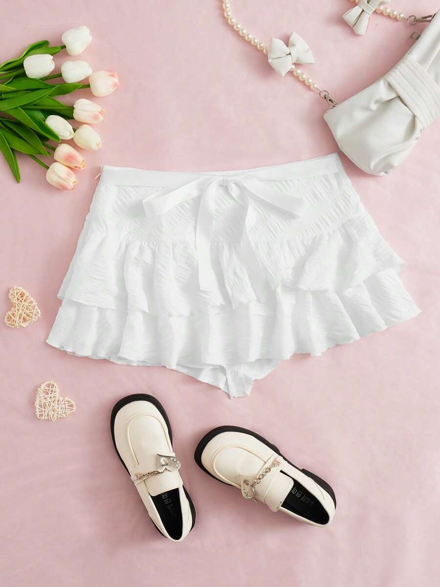 Comfortcana Ruffle Trim Knot Side Layer Hem Skirt - White - View 1
