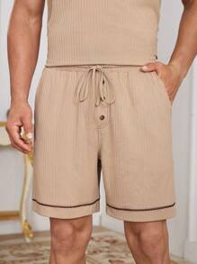 Manfinity Homme Men's Plant Pattern Button Half-Placket Short Sleeve Shirt And Shorts Casual Suit - Khaki - View 7