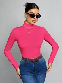 SHEIN Tall Simple Solid Color Slim High Collar White Top Suitable For Autumn And Winter - Hot Pink - View 3