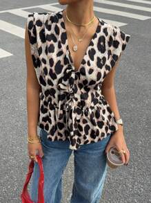 SHEIN Essnce Áo sơ mi không tay buộc vạt trước họa tiết da báo có viền xếp nếp in hình động vật dành cho nữ - Nhiều màu - Xem 3