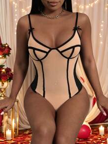 Slaydiva 新年快乐新款性感华丽网眼拼接撞色黑色和杏色线条装饰吊带蝴蝶结女式紧身衣-T