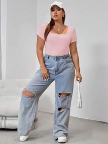 SHEIN EZwear Plus Solid Square Neck Short Sleeve Tee - Pink - View 3