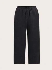 SHEIN LUNE Pantalones casuales de pana de unicolor con cierre de cremallera, de corte regular, talla grande para mujer - Negro - Ver 2