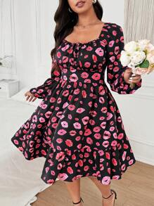 SHEIN Unity Plus Size Women Red Lips Puff Sleeve A-Line Square Neck Elegant Casual Valentine's Day Knee-Length Dress,Black,Autumn,Cute,Wedding Ninang,Heart,Rose - Multicolor - View 5