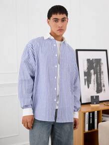 Manfinity VCAY 男女通用梭织宽松落肩竖条纹长袖衬衫 - 藍白色 - 查看 3