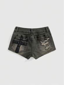 ROMWE Grunge Punk Y2K Baddie Zebra Patchwork Cross Vintage Low-Rise Skinny Women Super Low Waist Denim Shorts - Grey - View 2