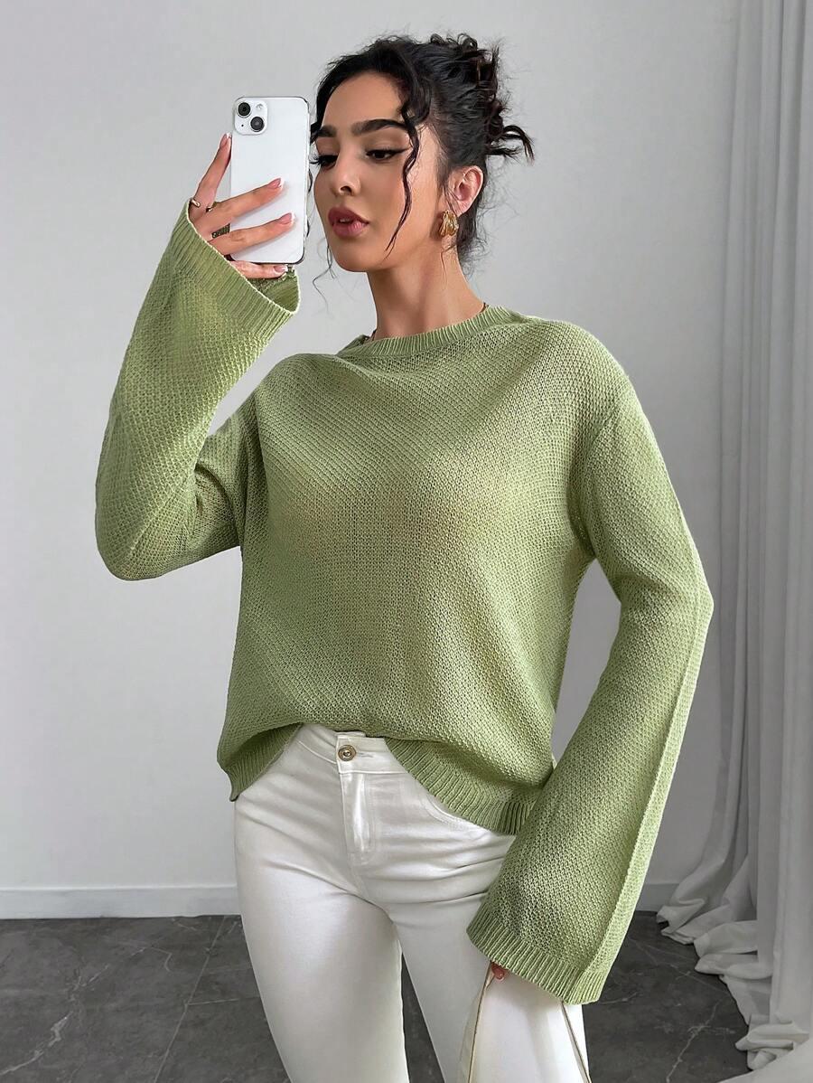 Chiquease Plain Color Casual Crew Neck Flare Sleeve Pullover Sweater Knit Pullover Fall Winter - Green - View 1
