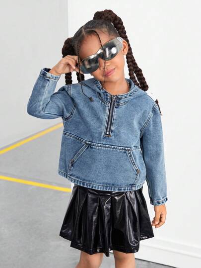 SHEIN Top à manches longues avec demi-zip à capuche en denim bleu mignon pour jeunes filles et tout-petits