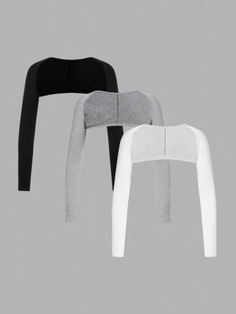 SHEIN BASICS 3 Stücke Set Damen Casual Einfarbig Strick Crop Tops mit Rundhalsausschnitt