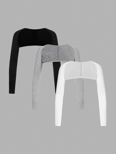 SHEIN BASICS Conjunto de 3 blusas casuales de mujer de cuello redondo de punto de unicolor cortas