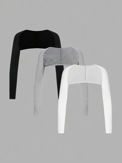 SHEIN BASICS مجموعة 3 قطعة من البلوزات النسائية الكاجوال ذات الرقبة المحبوكة القصيرة باللون الأحادي