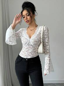 Elenzga Blusa de mujer con diseño de paisley, encaje, escote en V y mangas de campana (diseño floral de corte aleatorio) - Blanco - Ver 6